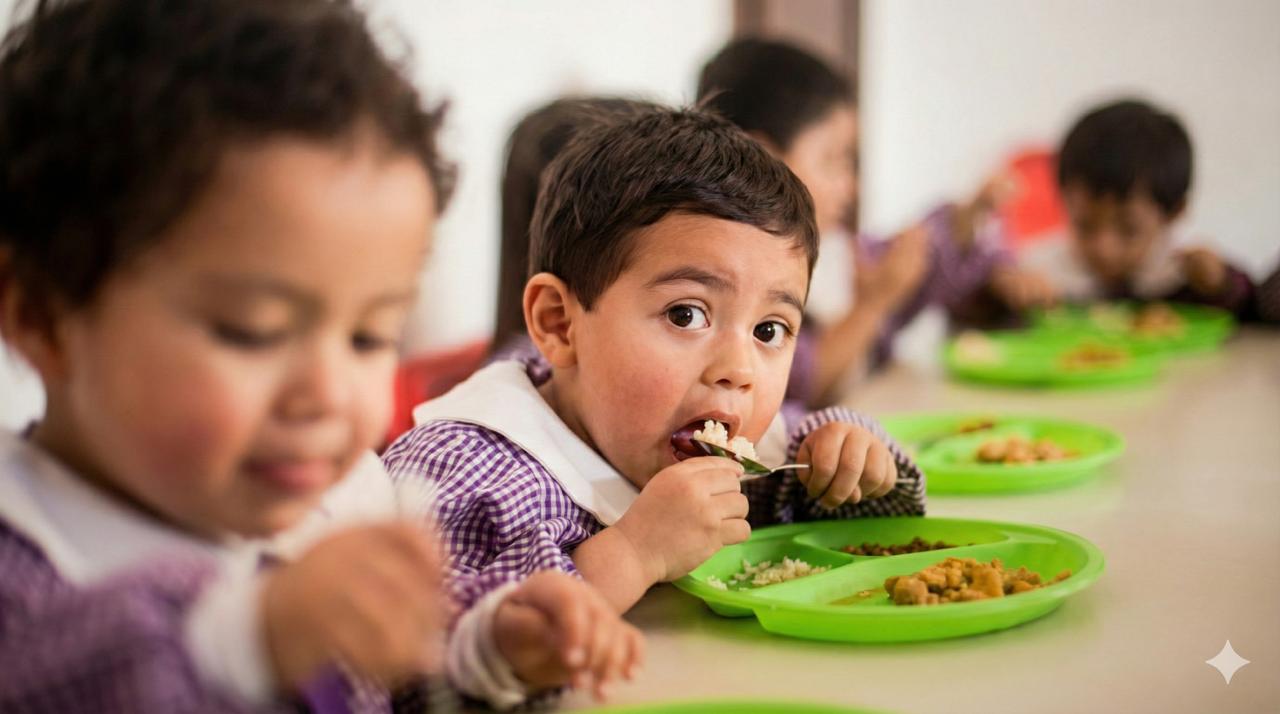 Happy children eating healthy lunch in a bright modern cafeteria
